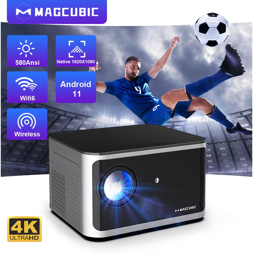 Proyector Smart 4K Full HD 1080P, 580 ANSI, Android 11, Wifi 6, BT 5.0, Control por Voz – Cine en Casa