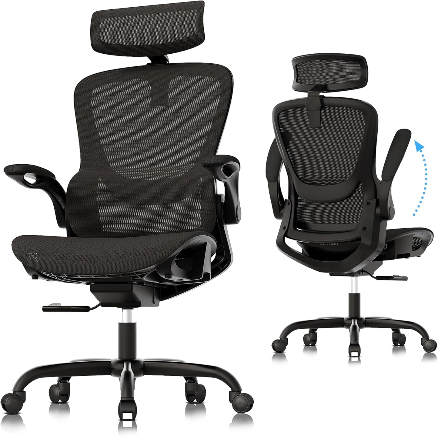 Silla de Oficina Ergonómica de Malla, Reclinable con Reposabrazos Plegables, Cabecera 2D, Asiento Cómodo y Ruedas PU – Negra (GY1108)
