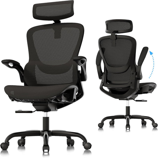 Silla de Oficina Ergonómica de Malla, Reclinable con Reposabrazos Plegables, Cabecera 2D, Asiento Cómodo y Ruedas PU – Negra (GY1108)