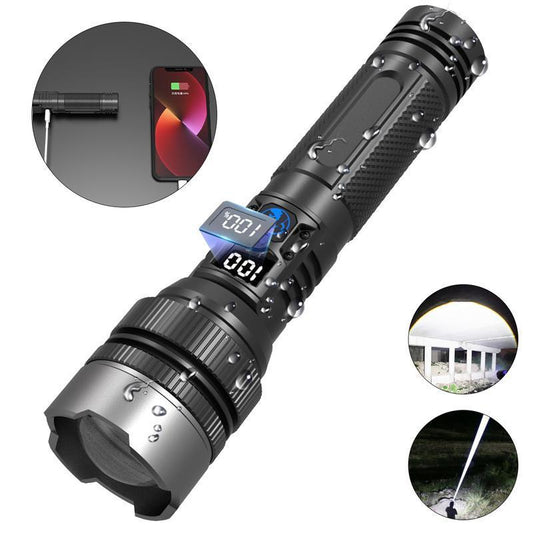 EXOVAN 2-In-1 Strong Flashlight (Power Bank)，Digital Display of Power, Rechargeable，Zoomable, , X4Waterproof, Adjustable Brightness Flash Light for Outdoor, Emergency, Camping Accessories，Black