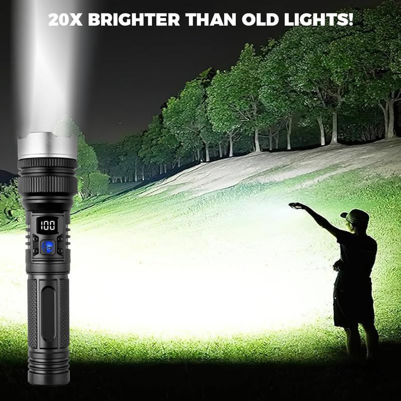 EXOVAN 2-In-1 Strong Flashlight (Power Bank)，Digital Display of Power, Rechargeable，Zoomable, , X4Waterproof, Adjustable Brightness Flash Light for Outdoor, Emergency, Camping Accessories，Black