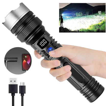 EXOVAN 2-In-1 Strong Flashlight (Power Bank)，Digital Display of Power, Rechargeable，Zoomable, , X4Waterproof, Adjustable Brightness Flash Light for Outdoor, Emergency, Camping Accessories，Black