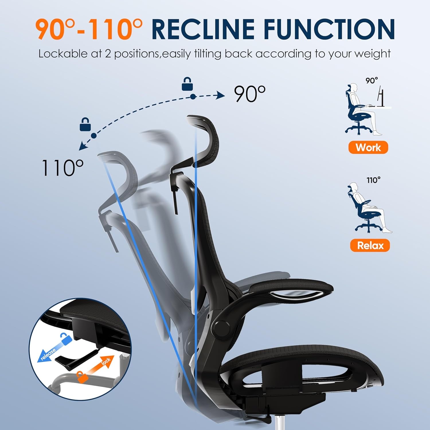 Silla de Oficina Ergonómica de Malla, Reclinable con Reposabrazos Plegables, Cabecera 2D, Asiento Cómodo y Ruedas PU – Negra (GY1108)