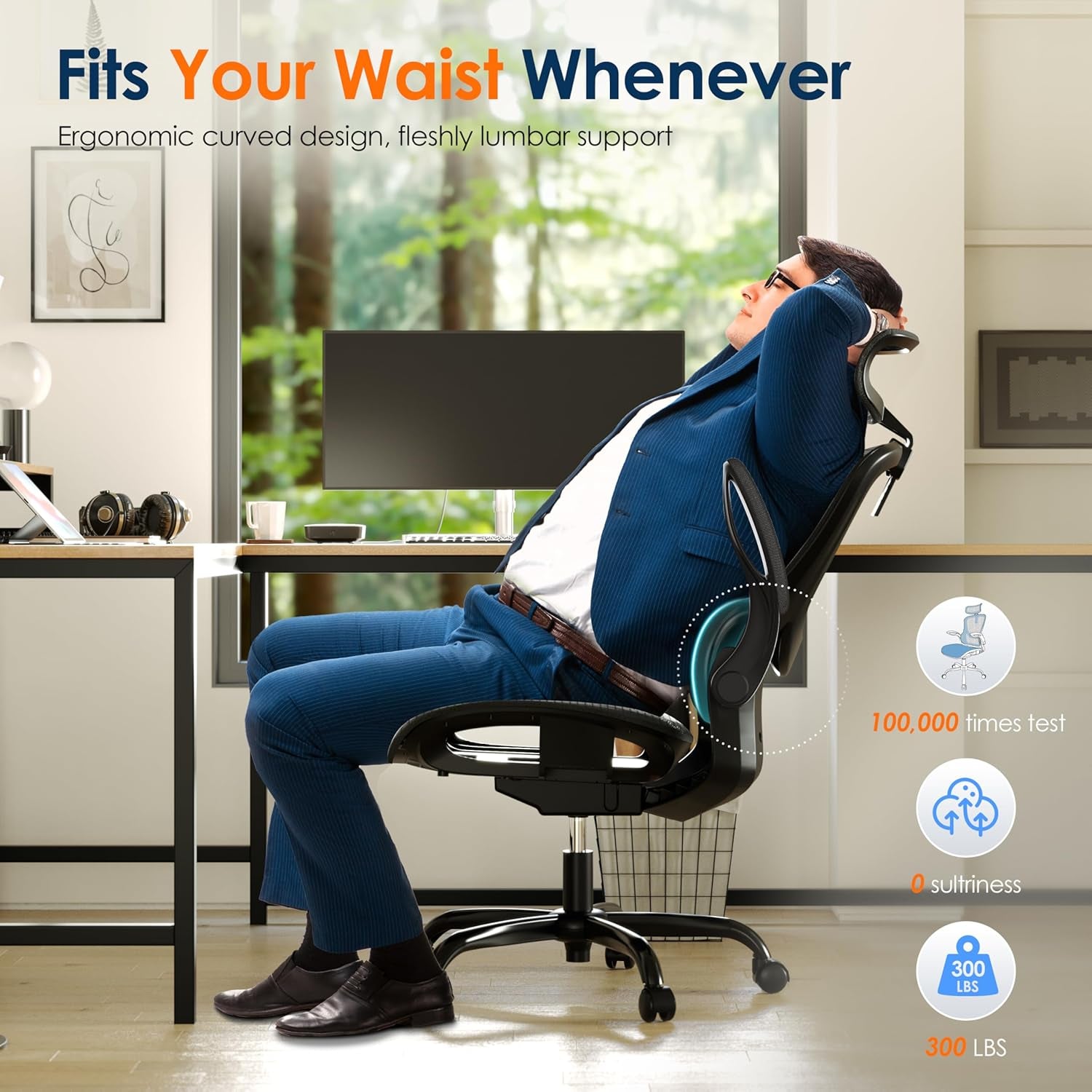 Silla de Oficina Ergonómica de Malla, Reclinable con Reposabrazos Plegables, Cabecera 2D, Asiento Cómodo y Ruedas PU – Negra (GY1108)