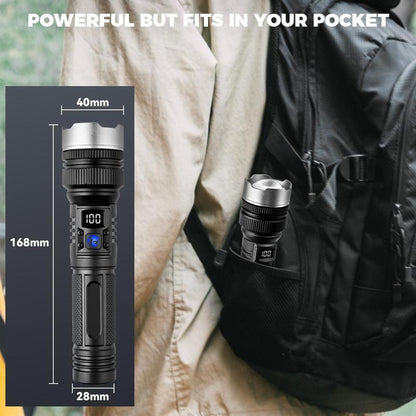 EXOVAN 2-In-1 Strong Flashlight (Power Bank)，Digital Display of Power, Rechargeable，Zoomable, , X4Waterproof, Adjustable Brightness Flash Light for Outdoor, Emergency, Camping Accessories，Black
