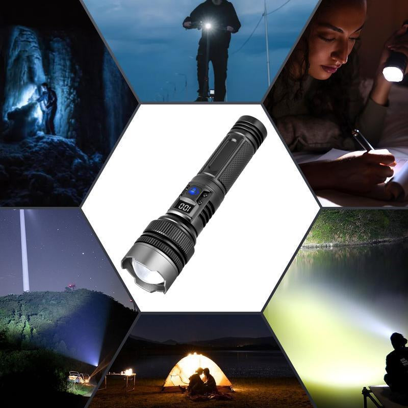 EXOVAN 2-In-1 Strong Flashlight (Power Bank)，Digital Display of Power, Rechargeable，Zoomable, , X4Waterproof, Adjustable Brightness Flash Light for Outdoor, Emergency, Camping Accessories，Black