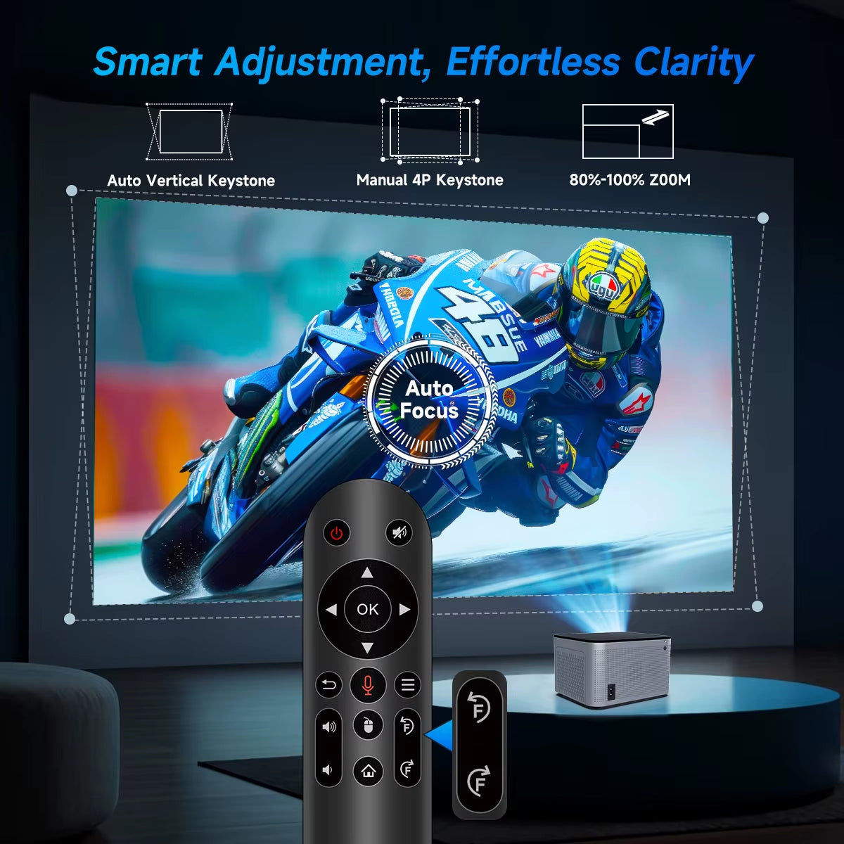 Proyector Smart 4K Full HD 1080P, 580 ANSI, Android 11, Wifi 6, BT 5.0, Control por Voz – Cine en Casa