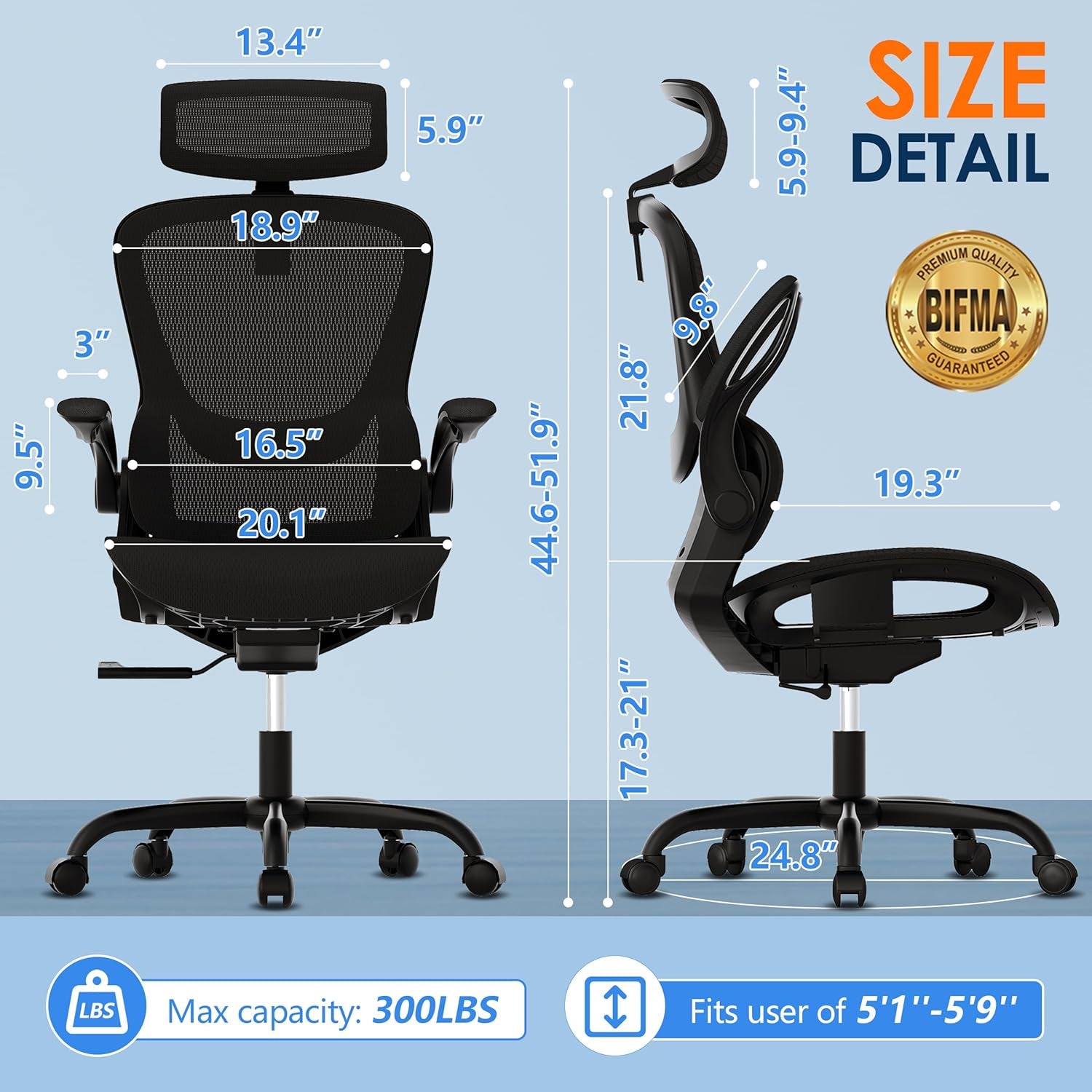 Silla de Oficina Ergonómica de Malla, Reclinable con Reposabrazos Plegables, Cabecera 2D, Asiento Cómodo y Ruedas PU – Negra (GY1108)