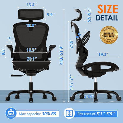 Silla de Oficina Ergonómica de Malla, Reclinable con Reposabrazos Plegables, Cabecera 2D, Asiento Cómodo y Ruedas PU – Negra (GY1108)