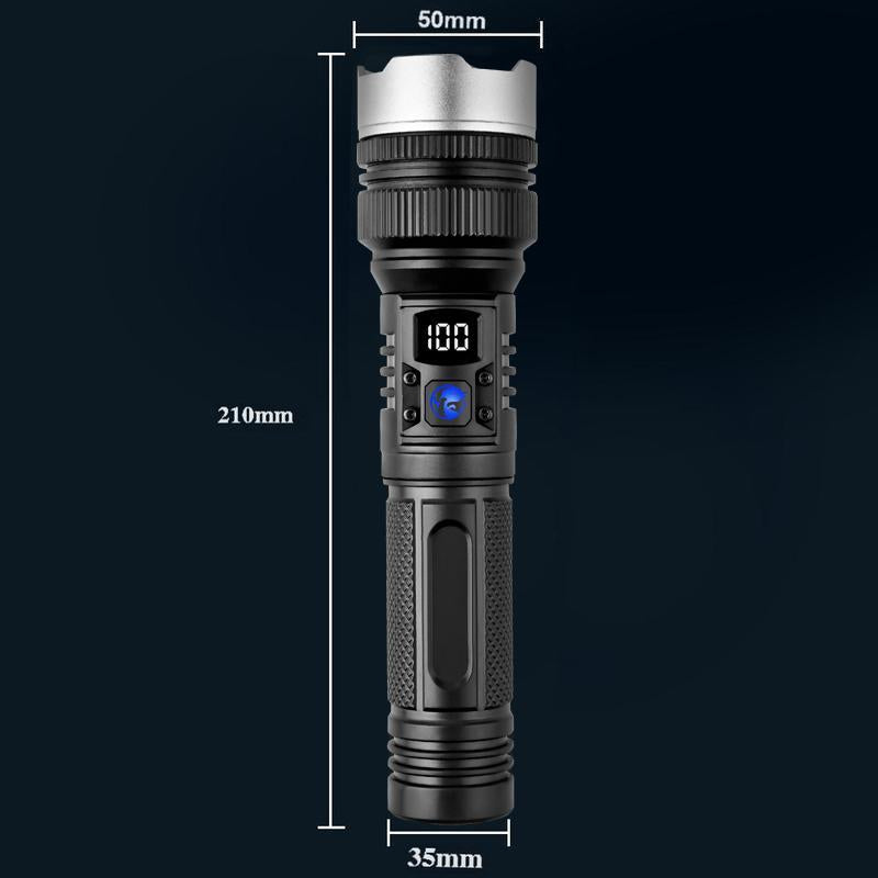 EXOVAN 2-In-1 Strong Flashlight (Power Bank)，Digital Display of Power, Rechargeable，Zoomable, , X4Waterproof, Adjustable Brightness Flash Light for Outdoor, Emergency, Camping Accessories，Black