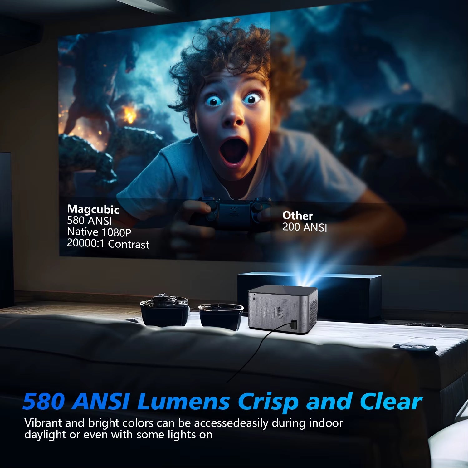 Proyector Smart 4K Full HD 1080P, 580 ANSI, Android 11, Wifi 6, BT 5.0, Control por Voz – Cine en Casa